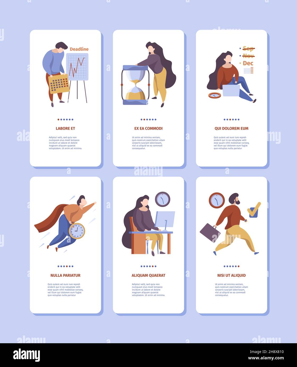 Gestion du temps à bord.Bannières verticales sur l'écran du smartphone avec les personnes de planification d'entreprise auto-organisation contrôle quotidien des travaux Garish modèles vectoriels Illustration de Vecteur