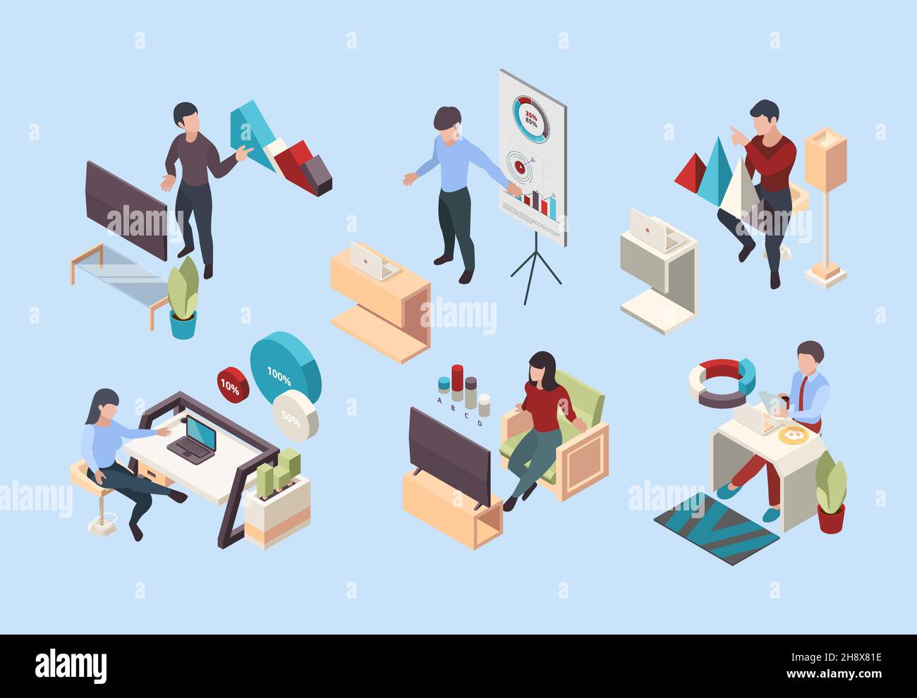 Conférence en ligne isométrique.Les télétravailleurs assis et à la maison parler avec des gadgets auto-isolation maison numérique travail garish illustrations vectorielles Illustration de Vecteur