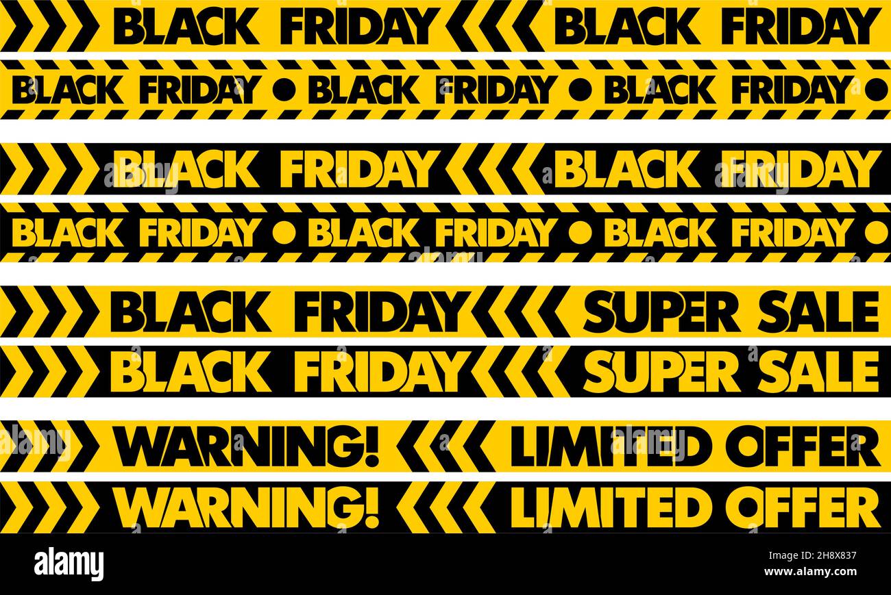 Avertissement Super sale du Vendredi fou.Définissez le motif de couleur jaune et noir des bandes sur le ruban.Fond de modèle vectoriel transparent Illustration de Vecteur