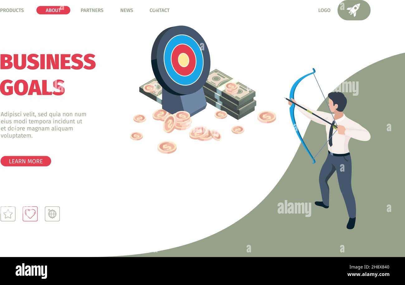 Objectif d'entreprise.Manager archer tenant l'arc et le tir à la cible des objectifs financiers performances de carrière grenat vecteur isométrique concept Illustration de Vecteur