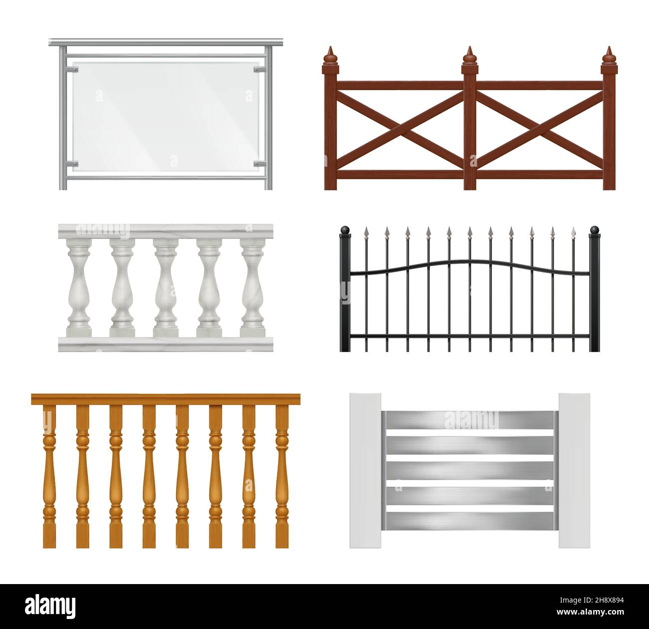 Garde-corps architectural.Sections en bois en métal ou en verre pour balconnet barres de piliers décoration vecteur collection réaliste Illustration de Vecteur