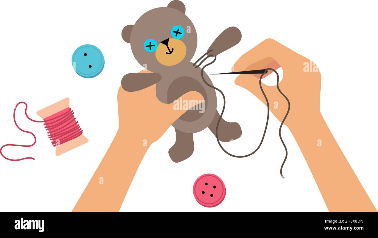 Mains jouet de couture.Laboratoire pour enfants, atelier pour enfants ou adultes.Illustration vectorielle de l'ours fait main, des boutons et des fils Illustration de Vecteur