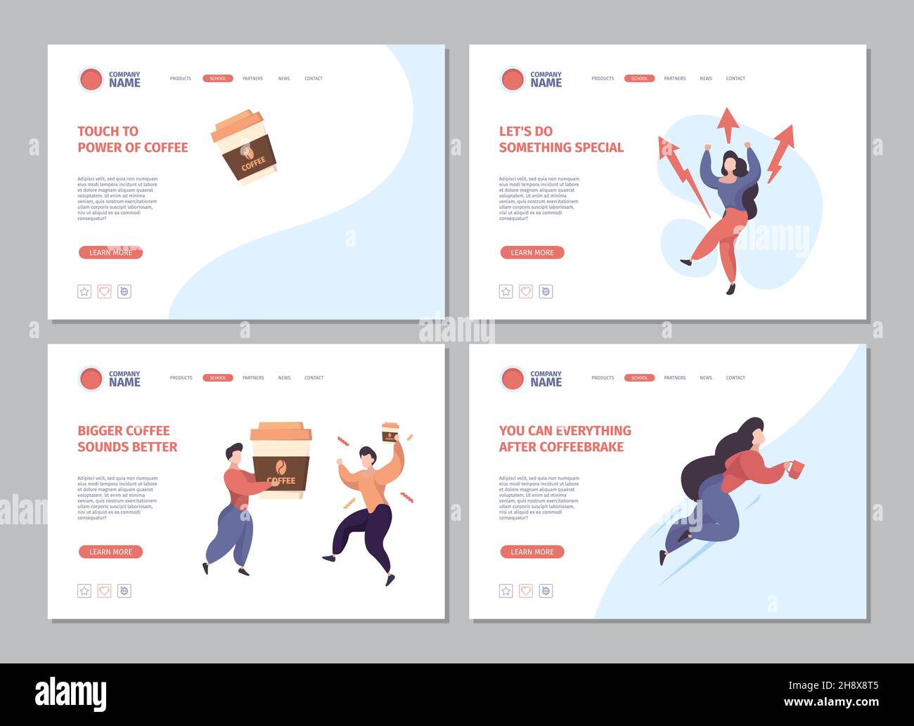 Atterrissage au café.Stimulation naturelle de la caféine pour les personnes café chaud et thé boissons web design pages modèle avec place pour votre texte garish vecteur Illustration de Vecteur