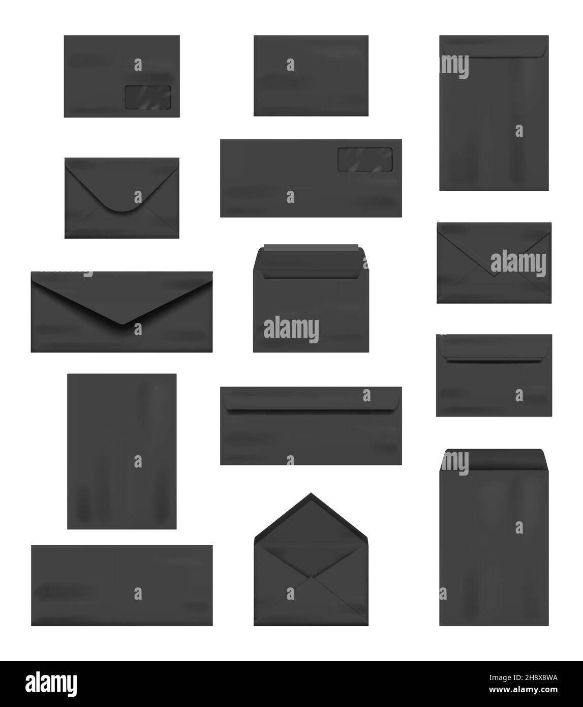 Enveloppes noires.Modèle noir de luxe de lettres d'affaires a4 ouverture et fermé enveloppes de bureau premium décent ensemble de vecteur Illustration de Vecteur