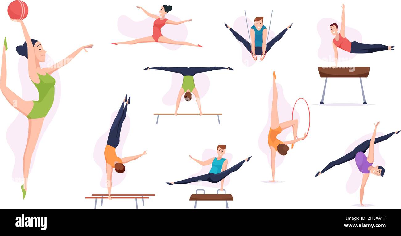 Les acrobatiques.Les gymnastes en action pose des athlètes de sport faisant des éléments d'entraînement de forme physique vecteur exact vie saine Illustration de Vecteur