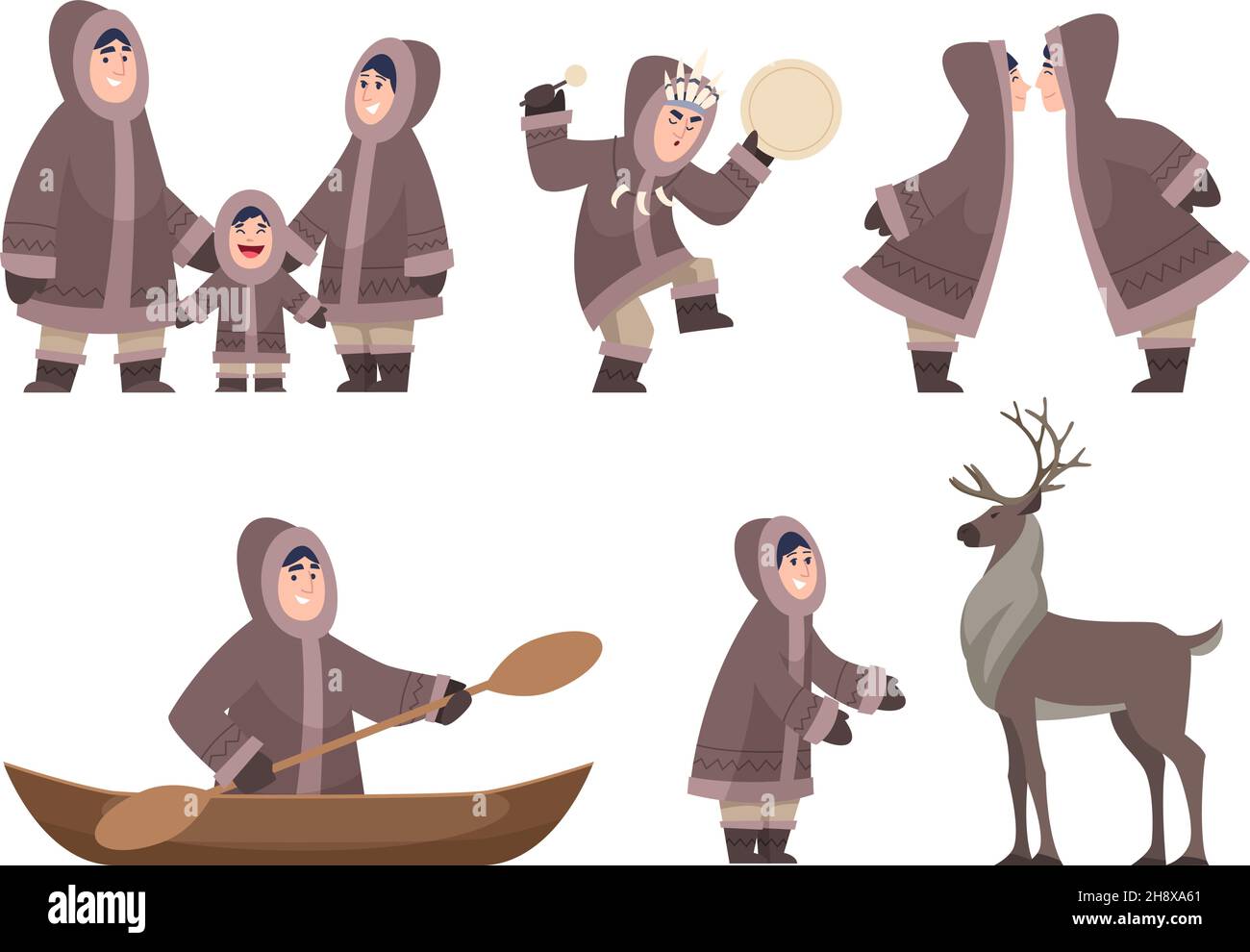 Personnages esquimaux.Personnages traditionnels ethniques authentiques froid de la famille alaska exact vecteur caricature heureux personnes isolées Illustration de Vecteur