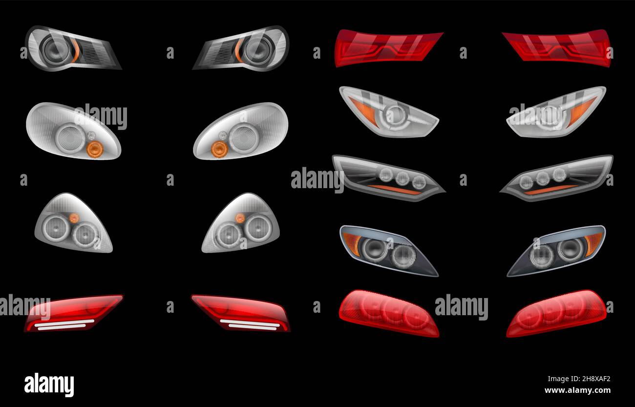 Phares de voiture.Effets de lueur de réflexion pour les véhicules modernes lumières de nuit sur la route vecteur décent modèles réalistes isolés Illustration de Vecteur