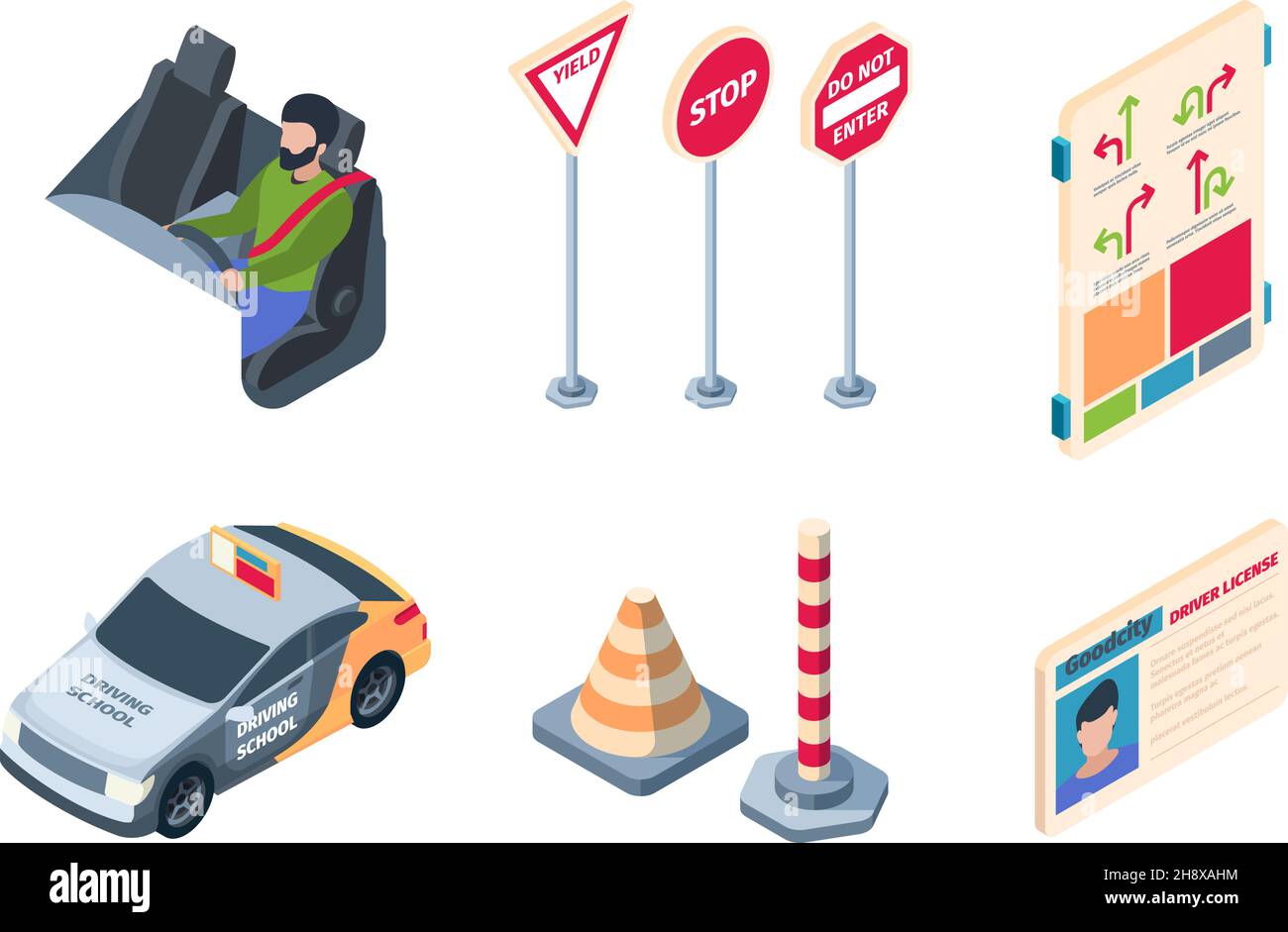 Conduire l'école.Les gens apprennent des règles pour les conducteurs processus d'examen voitures étudiant cônes garish vecteur isométriques illustrations isolées Illustration de Vecteur