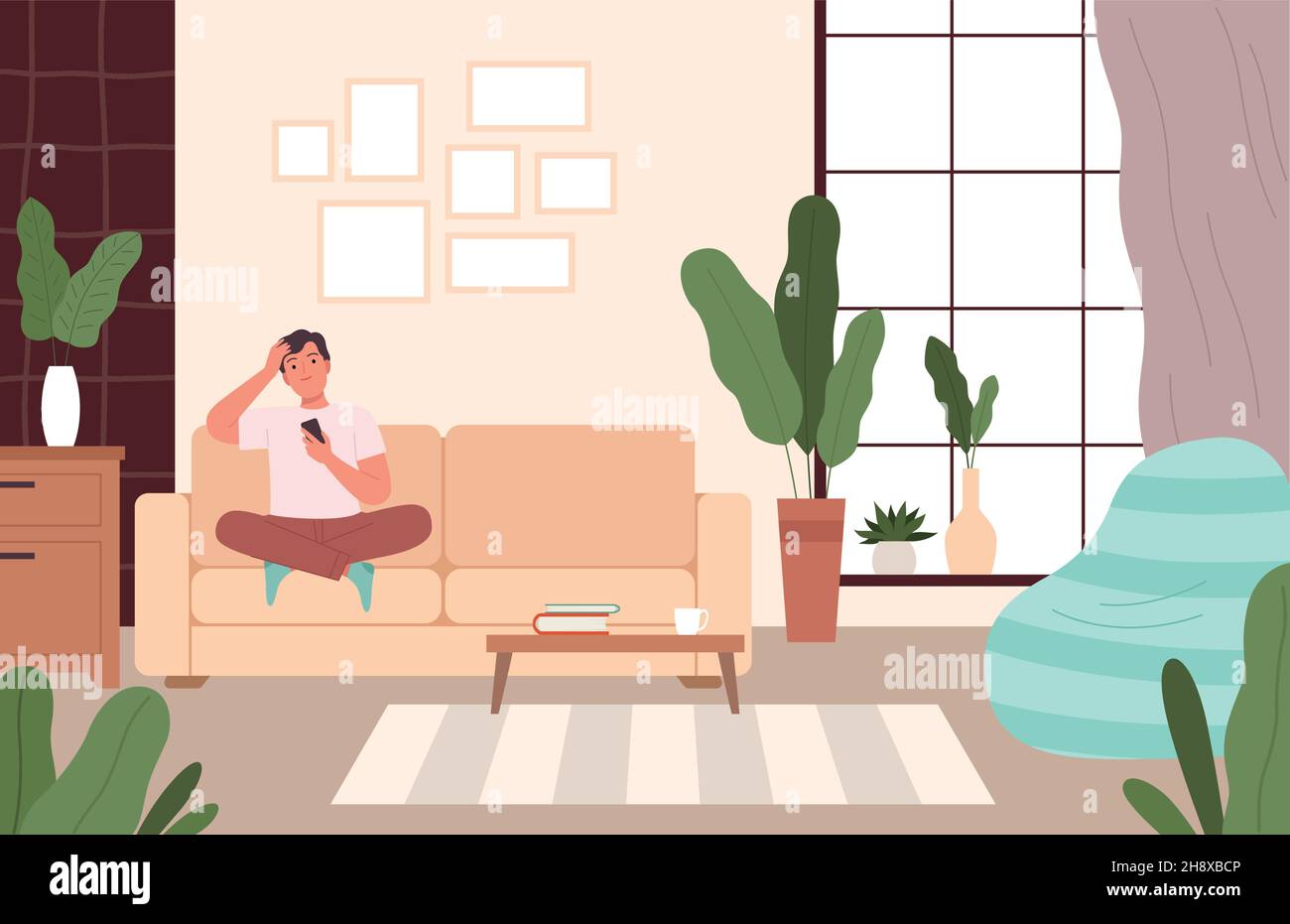 Un homme sur un canapé se détendre.Personne assise dans le salon confortable loisir dans différentes poses sur le canapé rêver et repos dessin animé vectoriel de nowaday Illustration de Vecteur