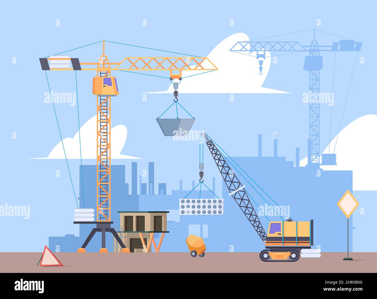 Grue de constructions.Les constructeurs qui font de grandes maisons d'ingénierie construire des grues les travailleurs de chargeur machines garish vecteur dessin animé fond Illustration de Vecteur