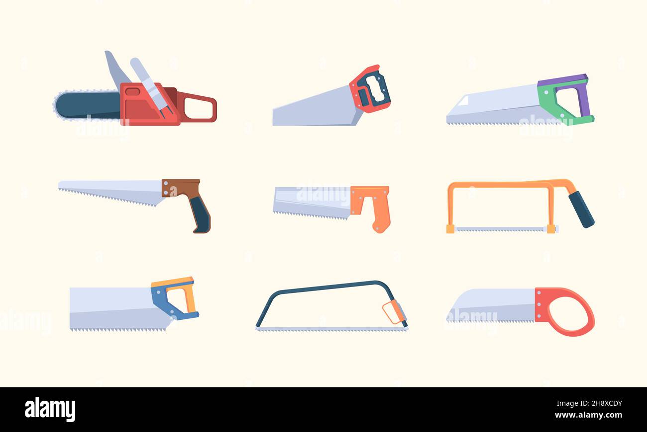 Articles de Scieries.Scie sauteuse métallique circulaire et scie manuelle grenat collection plate Illustration de Vecteur