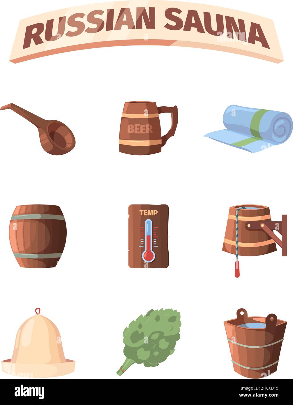 Sauna russe.Bain baden accessoires se détendre Hot place chapeau balai salle de bains garish vecteur sauna articles de collection dessin animé Illustration de Vecteur