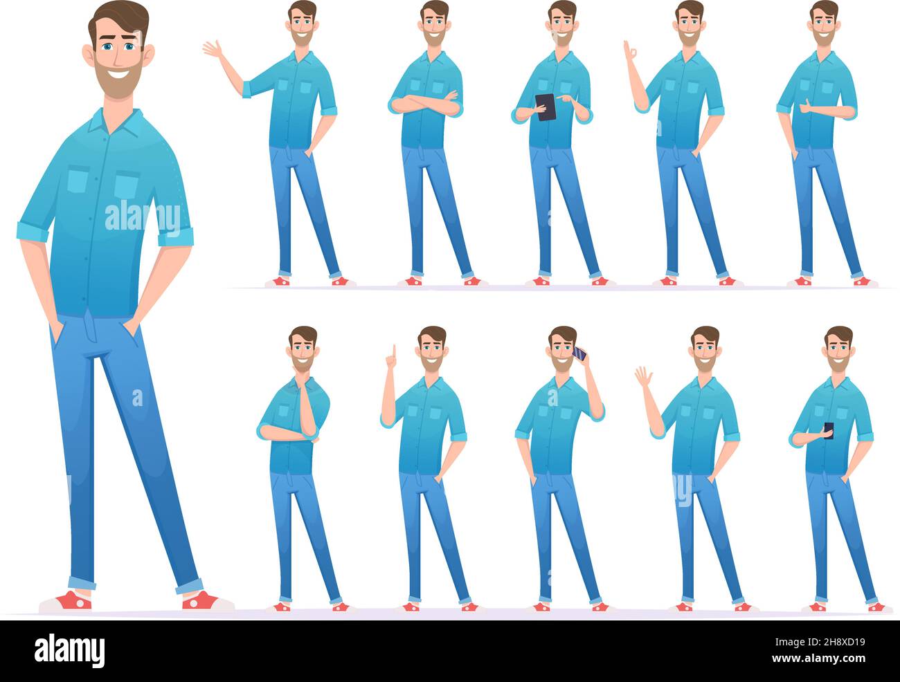 Style décontracté homme.Gestes de l'homme en jeans denim confiant présentateur regardant les personnages vecteur exact personne en action pose Illustration de Vecteur