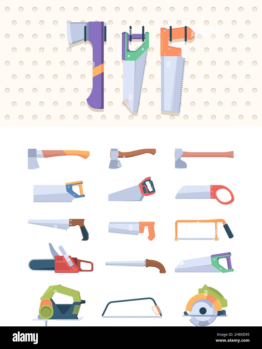 Outils de Scieries.Collections de haches professionnelles et scies à main et circulaires en acier Garish Vector Set Illustration de Vecteur