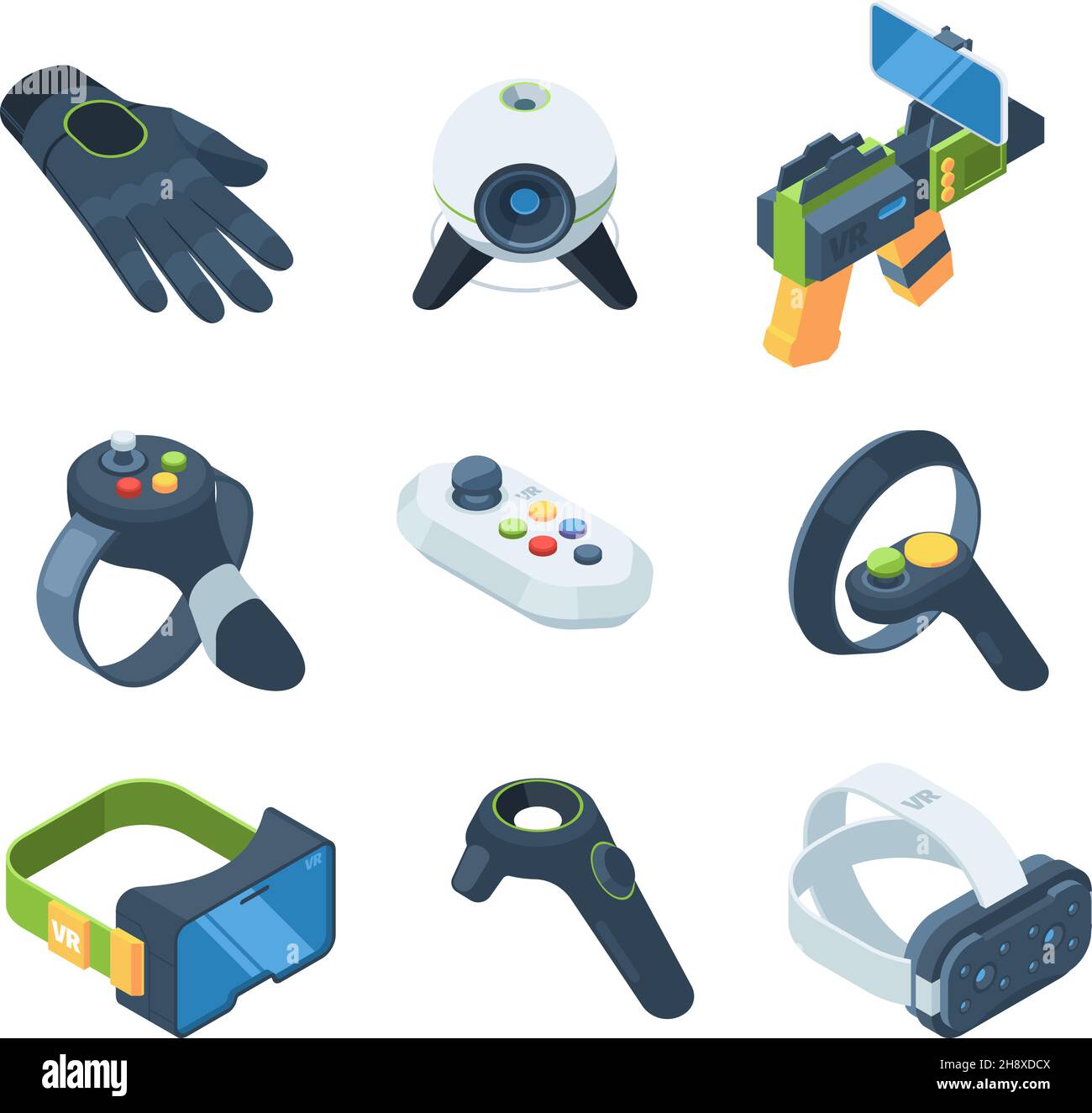 Jeu VR.Les contrôleurs virtuels pour les jeux vidéo présentent des illustrations vectorielles isométriques Illustration de Vecteur
