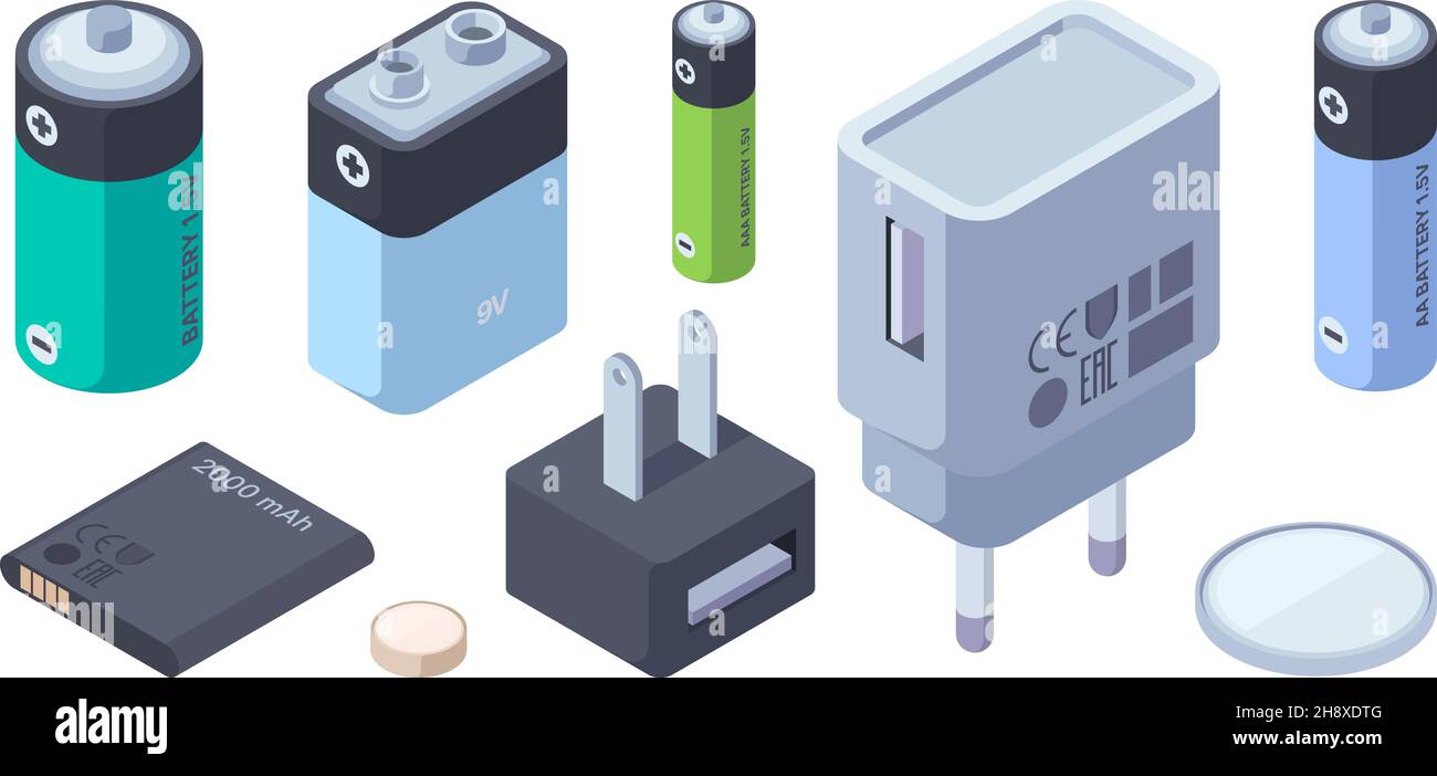 Chargeurs isométriques.Batterie alimentation batterie chargeurs portables pour connexion par fiche gadgets numériques garache chargeurs vectoriels illustrations Illustration de Vecteur