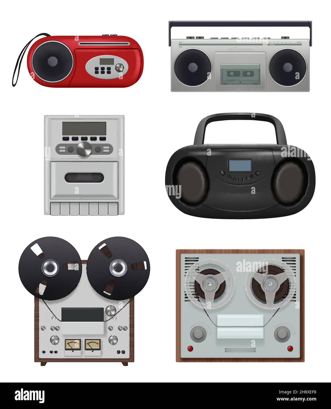 Enregistreurs vintage.80s musique matériel portable gadgets audio récepteur avec magnétophone bobines de cassettes décents vecteur collection d'illustrations isolées Illustration de Vecteur