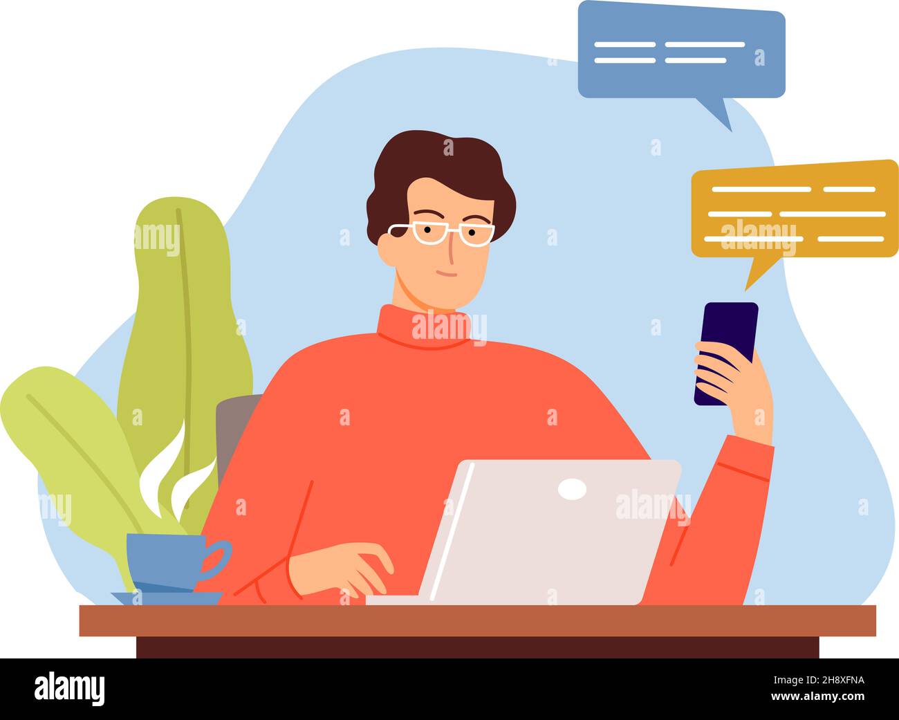 Concept de communication en ligne.L'homme trouve l'idée, le travail de garçon de la maison.Illustration du vecteur Gestionnaire occupé ou développeur Web Illustration de Vecteur