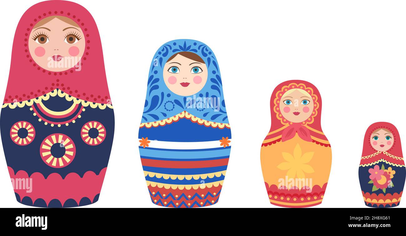 Poupées russes décoratives.Poupées Matryoshka, souvenirs touristiques plats de Russie ensemble vectoriel Illustration de Vecteur