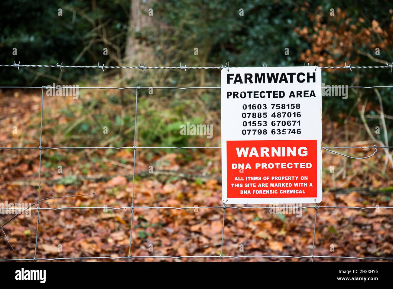 Panneau de zone protégée de Farmwatch sur une clôture autour de Norfolk Woodland. Banque D'Images