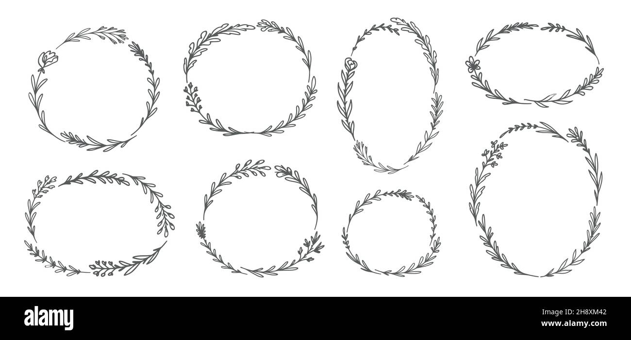 Ensemble de cadres floraux.Éléments végétaux tels que la fleur, la feuille, l'herbe, la fleur.Illustration vectorielle dessinée à la main Illustration de Vecteur