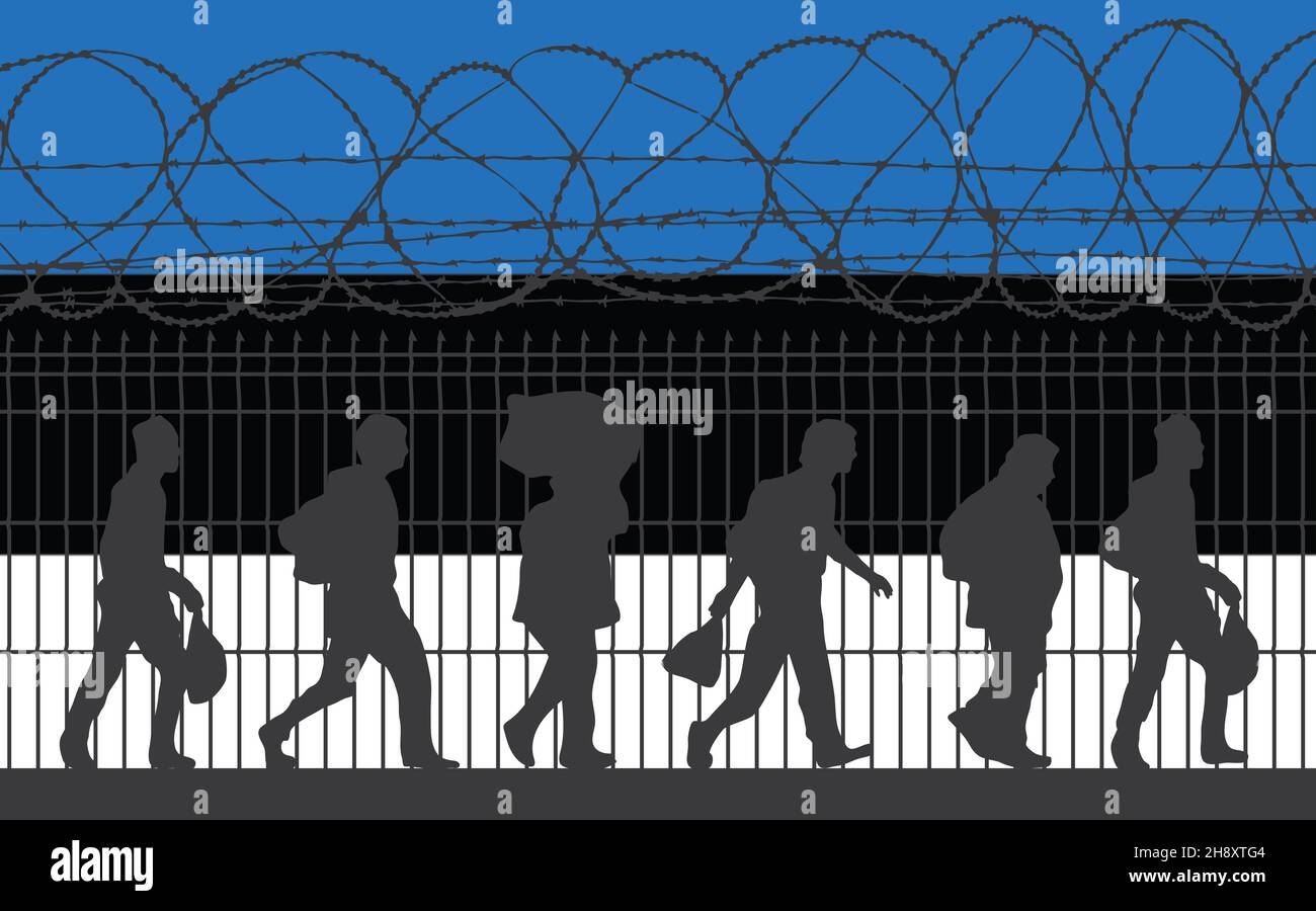 Drapeau de l'Estonie.Réfugiés près d'une clôture barbelée.Les immigrants utilisés comme arme politique pour une attaque hybride dans les pays d'Europe de l'est Banque D'Images
