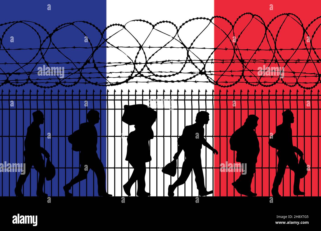 Drapeau de France.Réfugiés près d'une clôture barbelée.Les immigrants utilisés comme arme politique pour l'attaque hybride Banque D'Images