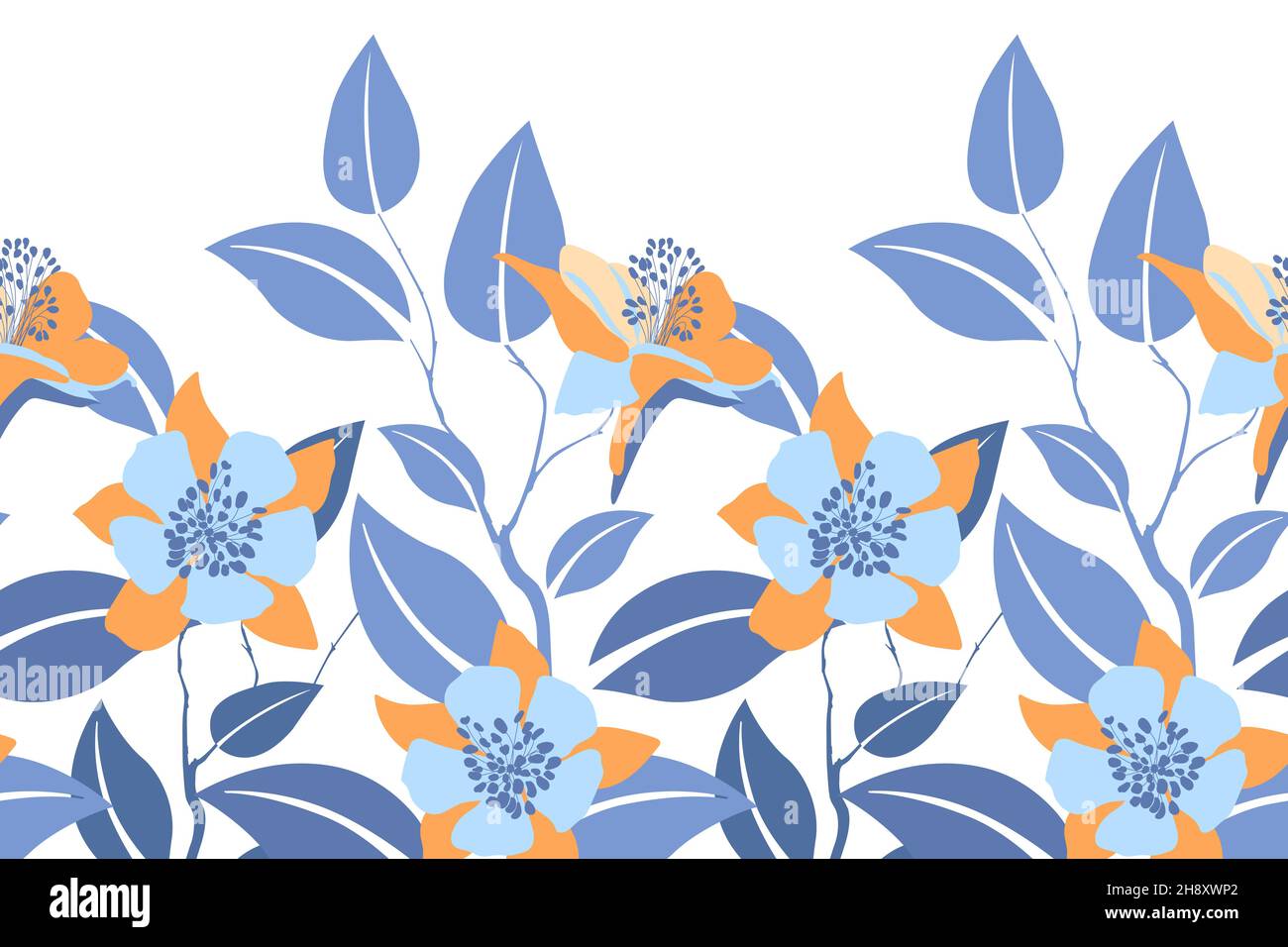 Motif fleuri vectoriel sans couture, bordure.Design panoramique horizontal avec fleurs et feuilles bleu-orange. Illustration de Vecteur