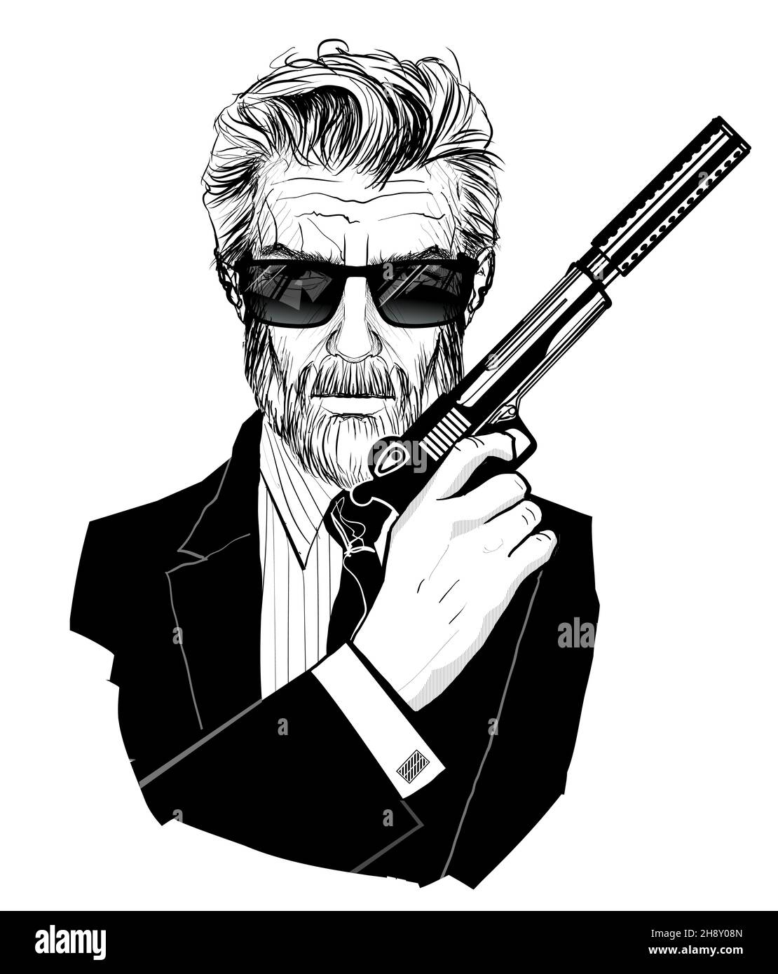 Agent secret en costume noir tenant un pistolet avec un silencieux - illustration vectorielle Illustration de Vecteur
