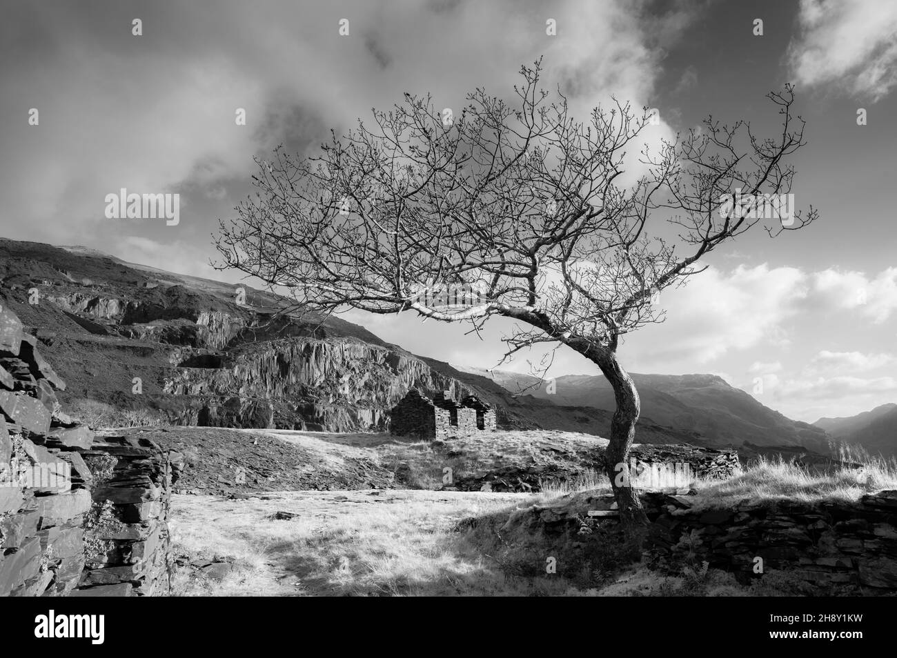 Cette image infrarouge est l'un des nombreux bâtiments abandonnés de la carrière d'ardoise Dinorwic abandonnée située au-dessus du village gallois de Llanberis Banque D'Images