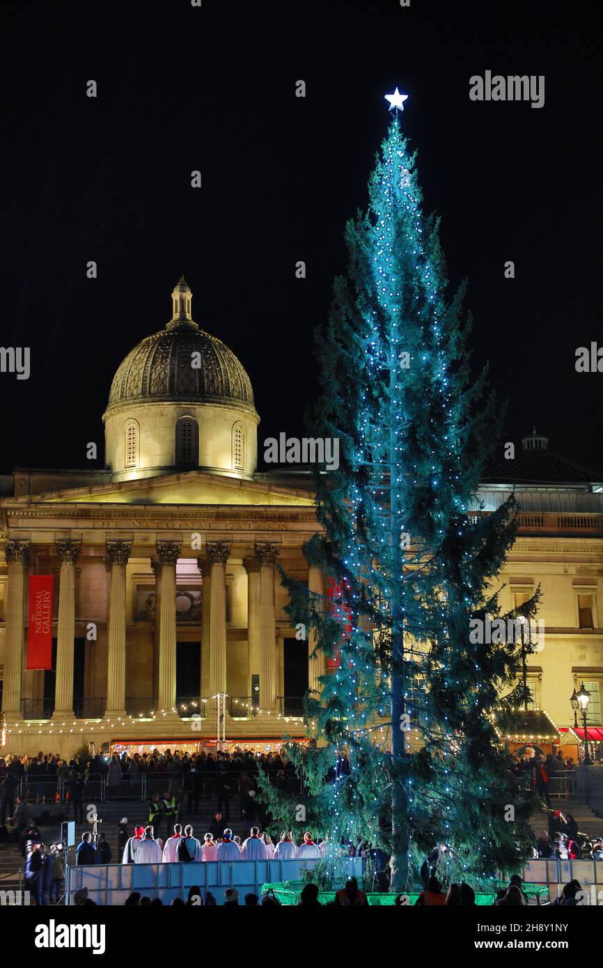 Londres, Royaume-Uni.2 décembre 2021.Eclairage de l'arbre de Noël de Trafalgar Square à Trafalgar Square, Londres.Les lumières sur le cadeau annuel de la Norvège, maintenant dans sa 74 année, ont été activées lors d'une cérémonie avec le maire de Westminster et le maire d'Oslo.Crédit : Paul Brown/Alay Live News Banque D'Images