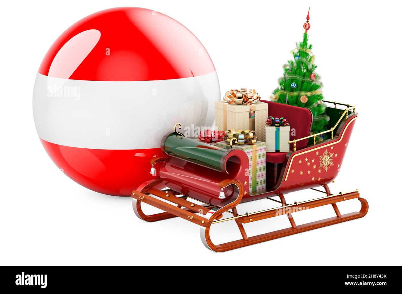 Noël en Autriche, concept.Santa de Noël en traîneau plein de cadeaux avec drapeau autrichien.Rendu 3D isolé sur fond blanc Banque D'Images