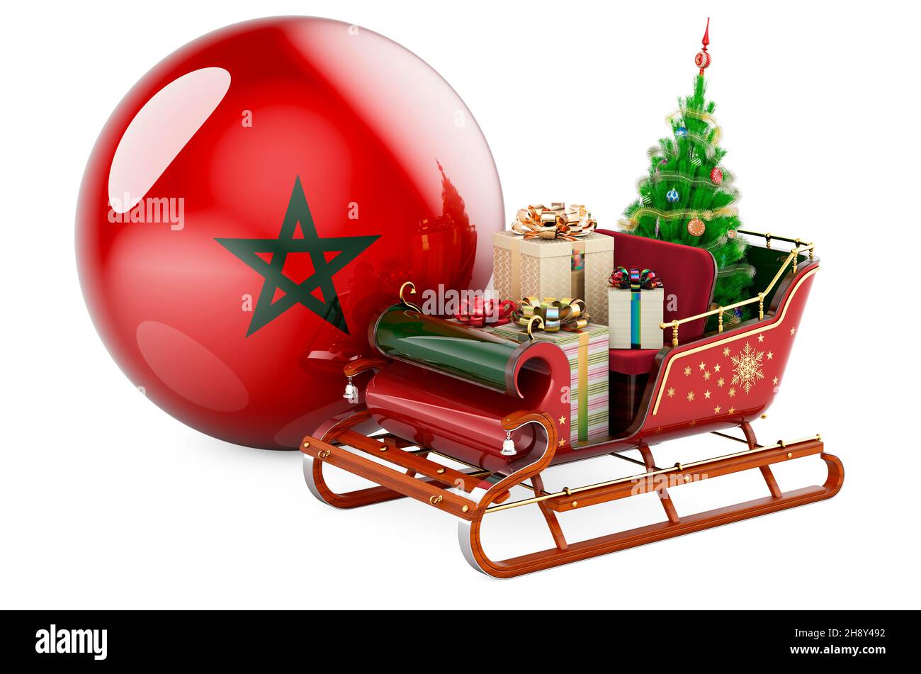 Noël au Maroc, concept.Santa de Noël en traîneau plein de cadeaux avec