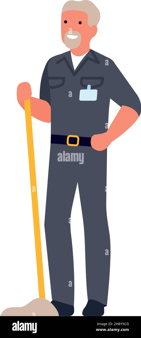 Homme tenant la vadrouille.Ancien concierge debout et uniforme Illustration de Vecteur