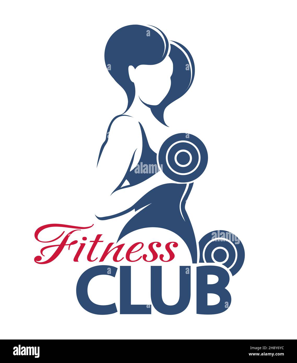 Logo ou emblème du club de fitness avec silhouette de femme musclée.Femme tient des haltères isolées sur fond blanc.Illustration vectorielle. Illustration de Vecteur