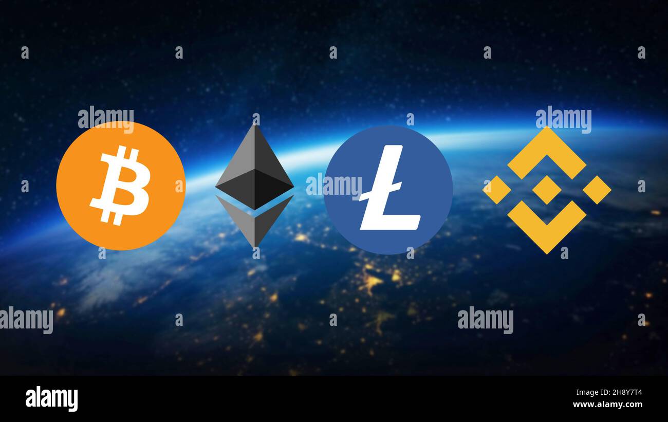 Logos de pièces de crypto-monnaie, cryptomens sur fond noir,Business et  Finance,future finance, blockchain, Bitcoin,Ethereum, Binance coin Photo  Stock - Alamy