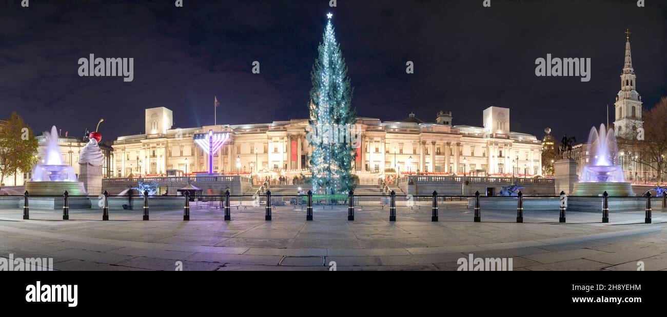 Trafalgar Square, Londres, Royaume-Uni, 02 décembre 2021.Vue panoramique sur la place Trafalgar, qui est décorée et célébrée avec une cheminée d'injection de Norvège, un arbre de Noël illuminé, s'élève à 24 mètres de haut, en face de la galerie nationale, à côté des fontaines d'eau et du marché de Noël.Les lumières du sapin de Noël sont allumées lors d'une cérémonie traditionnelle ce soir.Chaque année, un arbre de Noël est un cadeau du peuple de Norvège au peuple de Grande-Bretagne comme un signe de gratitude pour avoir soutenu le pays nordique pendant la Seconde Guerre mondiale depuis 1947.Credit: Xiu Bao/Alamy Live News Banque D'Images