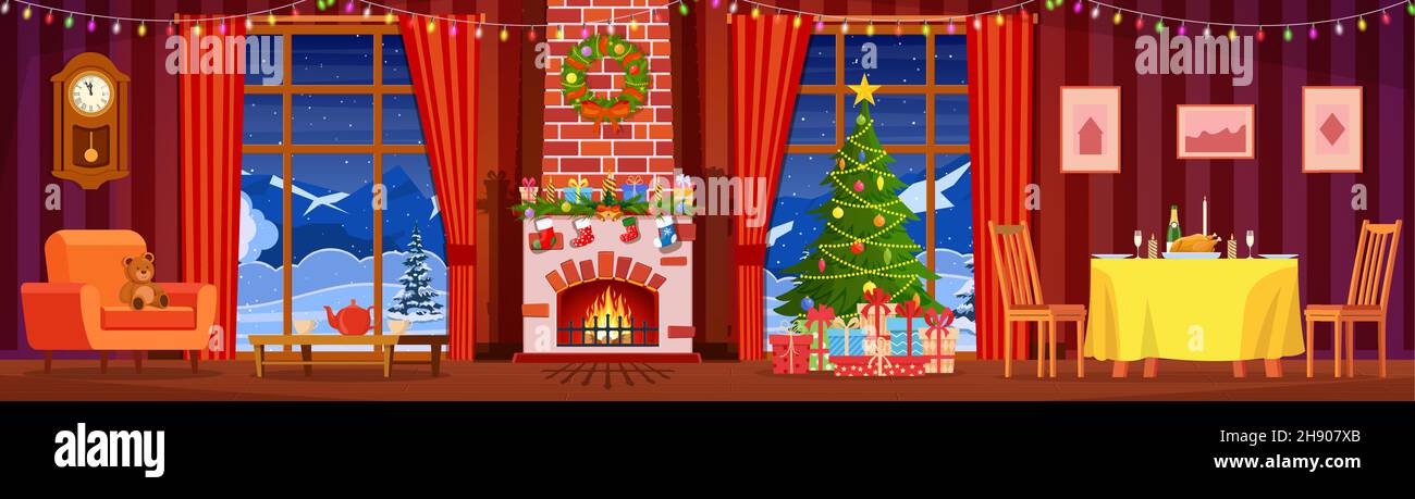Intérieur festif du salon, nouvel an. Illustration de Vecteur