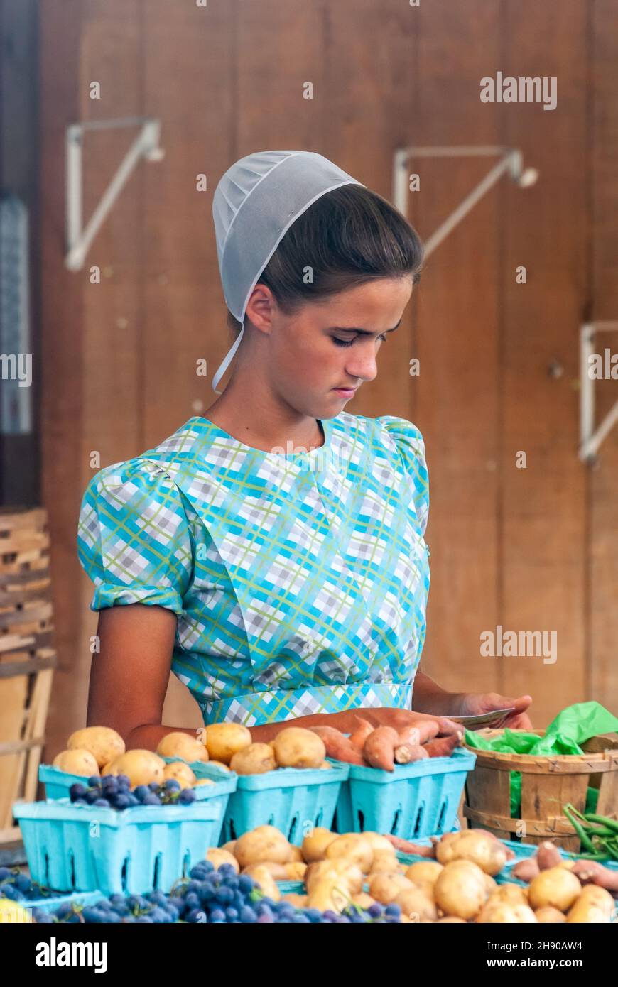 Ephrata, Pennsylvanie, États-Unis d'Amérique – 9 septembre 2016.Une fille amish au marché des fermiers Green Dragon à Ephrata, en Pennsylvanie. Banque D'Images