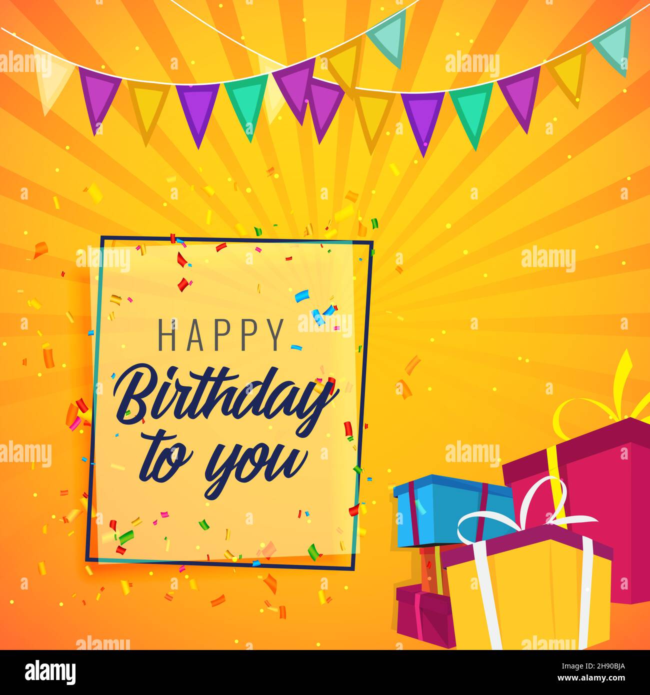 Joyeux Anniversaire Avec Boite Cadeau De Fete De Soleil Orange Jaune Image Vectorielle Stock Alamy