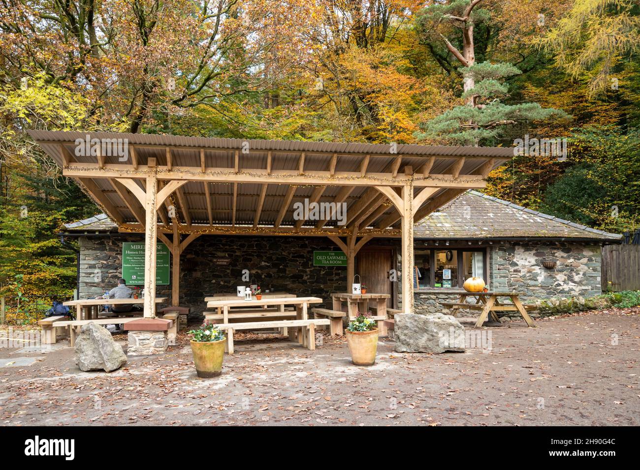 The Old Sawmill Tea Room at Dodd Wood près du lac Bassenthwaite à Cumbria, Angleterre, Royaume-Uni, en automne ou en novembre Banque D'Images