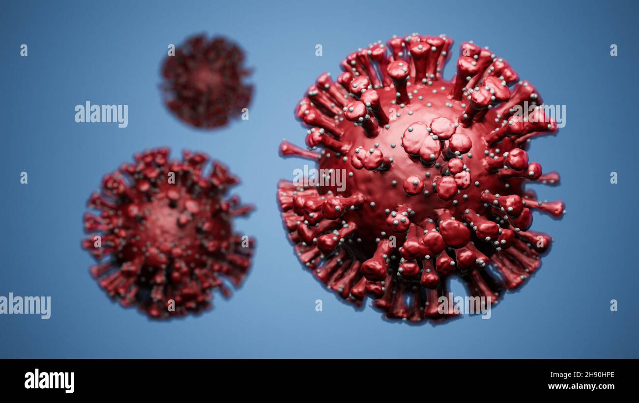 Illustration 3D des cellules coronavirus rouges Covid-19, visualisation du modèle sras-cov-2 sur fond bleu Banque D'Images