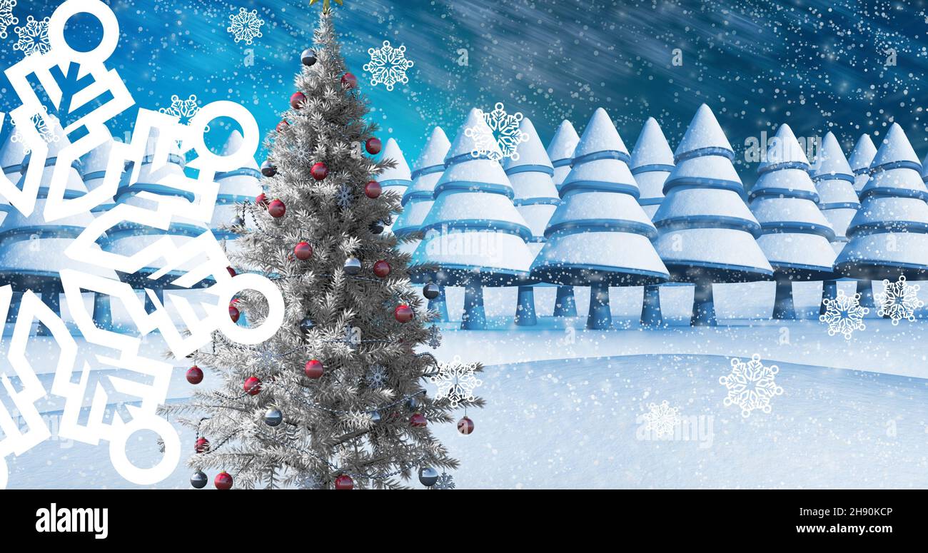 Composition de flocons de neige avec arbres de noël sur des terres enneigées Banque D'Images