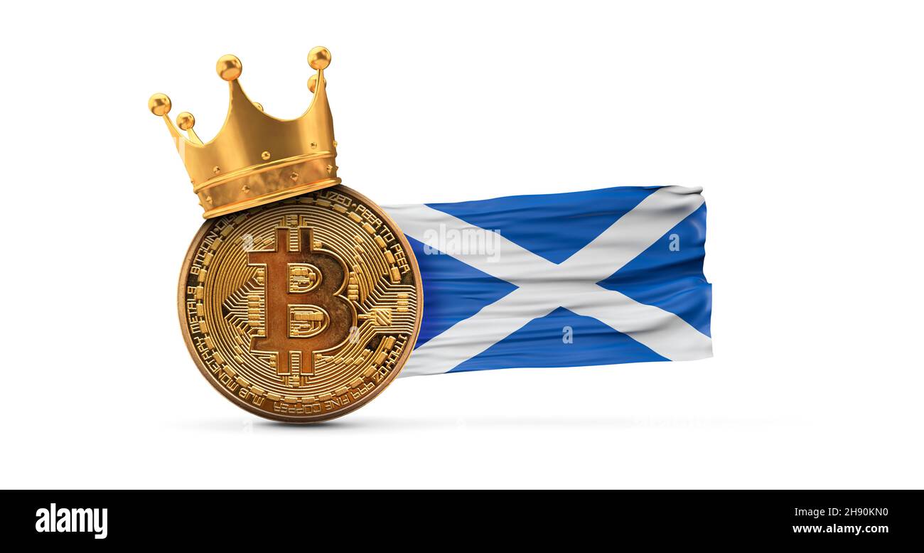 Bitcoin avec couronne dorée et drapeau écossais.Concept de roi de crypto-monnaie.Rendu 3D Banque D'Images