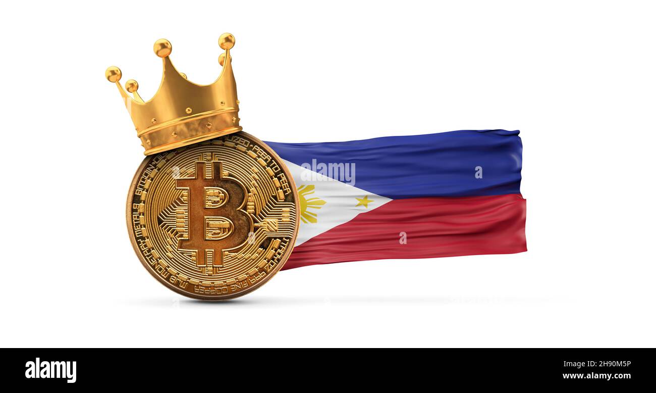 Bitcoin avec couronne d'or et drapeau des Philippines.Concept de roi de crypto-monnaie.Rendu 3D Banque D'Images