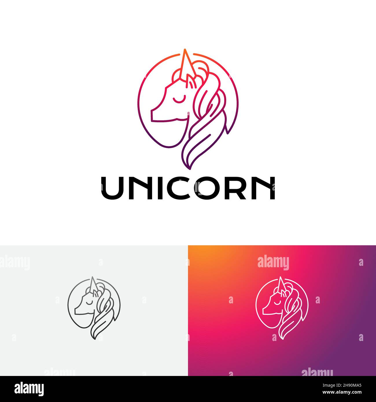 Adorable logo de la ligne d'animaux à tête de corne de cheval Unicorn Illustration de Vecteur