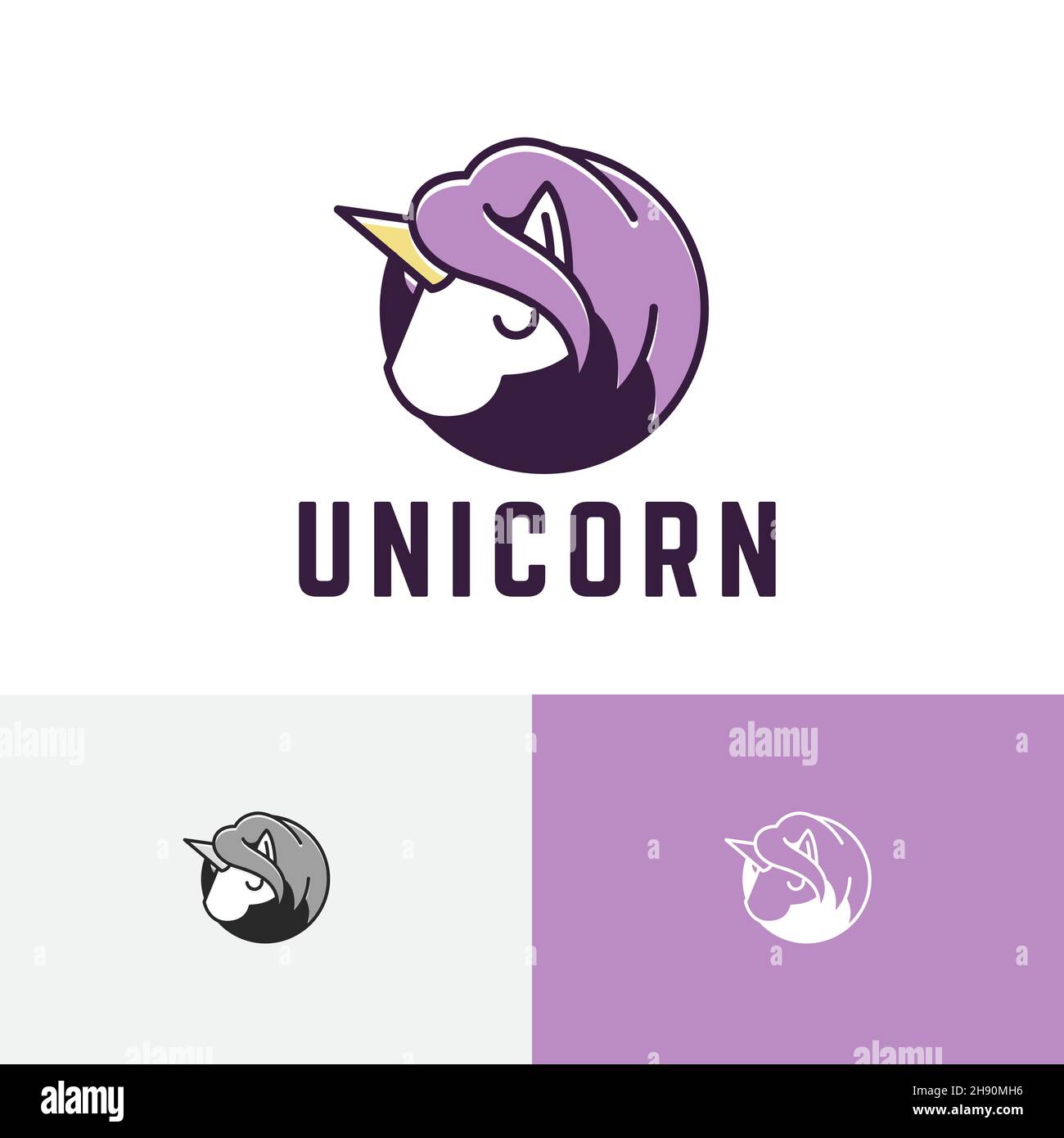 Adorable logo de dessin animé à tête de corne de cheval Unicorn Illustration de Vecteur