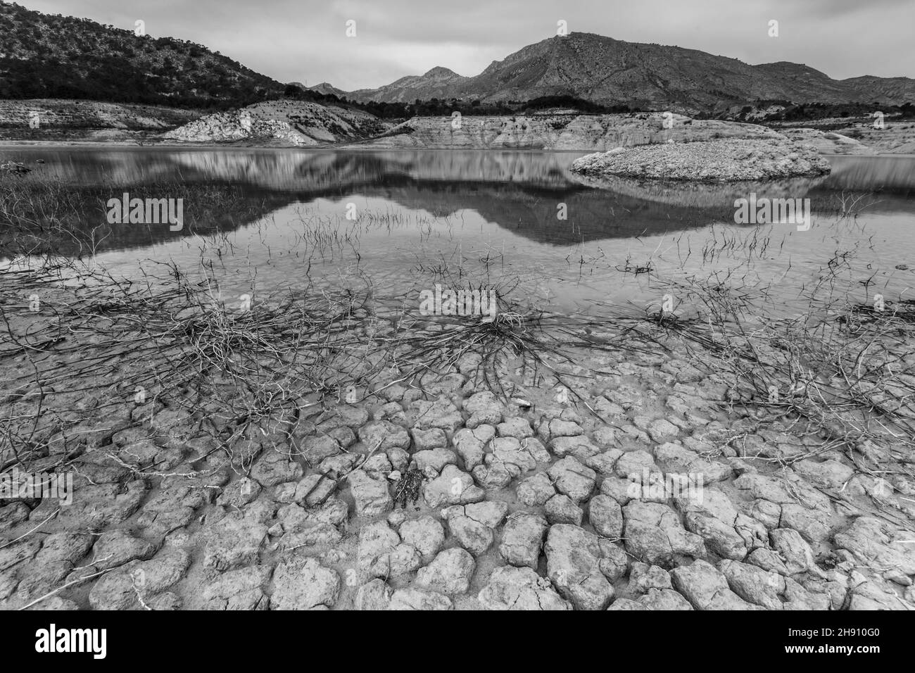 Photo en niveaux de gris d'un petit lac dans une zone aride sèche Banque D'Images