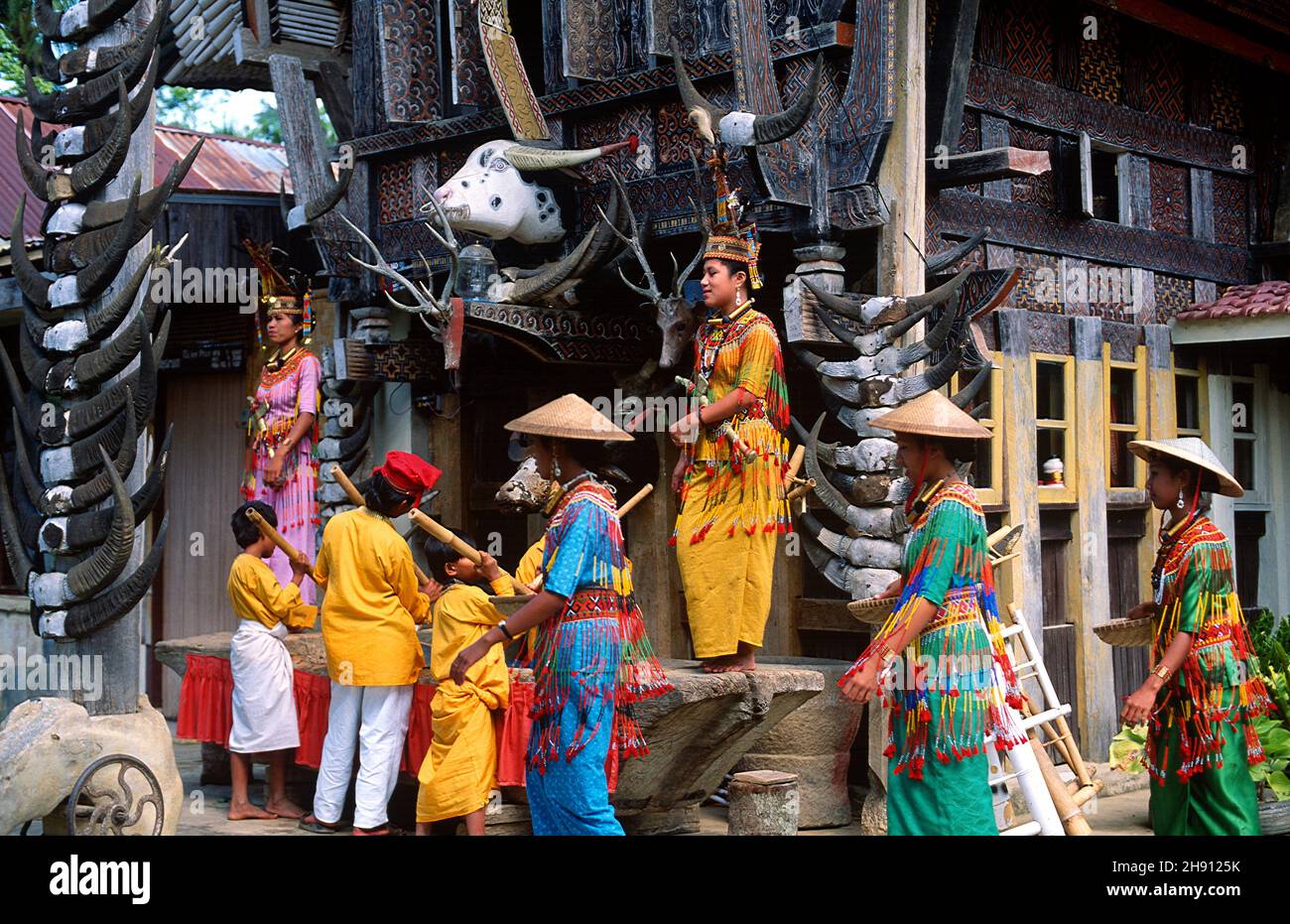 Groupe musical de jeunes et danseurs traditionnels.Tana Toraja, Sulawesi, Indonésie. Banque D'Images