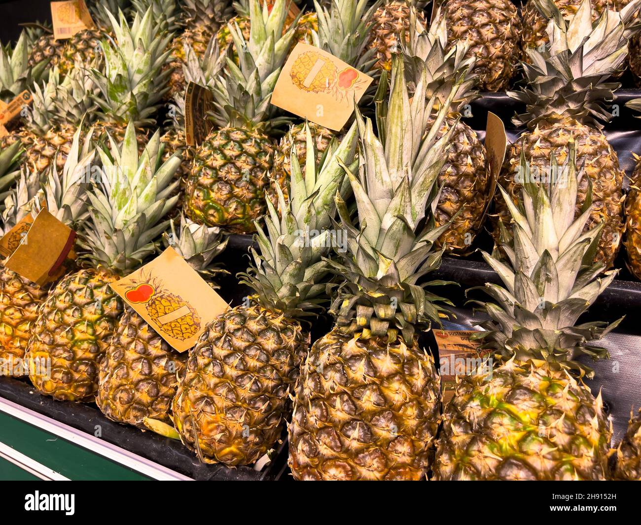 Ananas dans un panier sur le marché. Banque D'Images